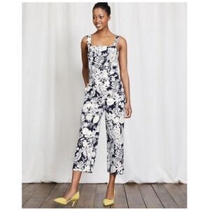 Boden Sleeveless Blue White Floral Linen Blend Amanda Jumpsuit US Size 4 UK 8